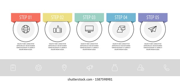 Vector flat line template circle infographics. Business concept with 5 options and labels. Five steps for content, flowchart, timeline
