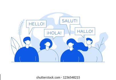 Vector flat line translation concept of  big modern people,speaking different languages.Trendy language courses, translation agency illustration with earth globe, word hello in Spanish,French,German.