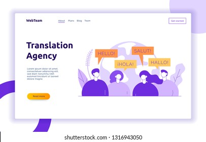 Vector flat line translation concept of big modern people,speaking different languages.Trendy language courses, translation agency illustration with earth globe, word hello in Spanish,French,German.