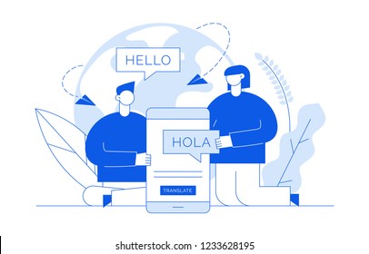 Vector flat line translation design concept of  big modern people, holding smartphone with word Hello in spanish. Trendy language courses, translation agency illustration with earth globe and leaves.