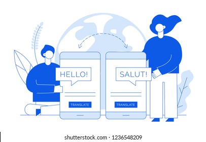 Vector flat line translation design concept of  big modern people, holding smartphone with word Hello in French. Trendy language courses, translation agency illustration with earth globe and leaves.