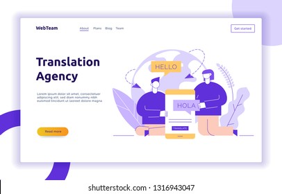 Vector flat line translation design concept of big modern people, holding smartphone with word Hello in spanish. Trendy language courses, translation agency illustration with earth globe and leaves.