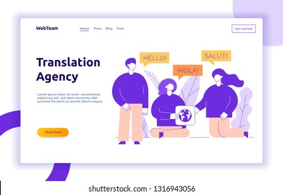 Vector flat line translation design concept of big modern people with word Hello in English, Spanish and French. Trendy language courses, translation agency illustration with earth globe and leaves.