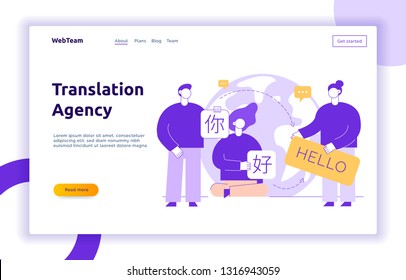 Vector flat line translation design concept of big modern people, holding cards with word Hello in chinese and english. Trendy language courses, translation agency illustration with earth globe.