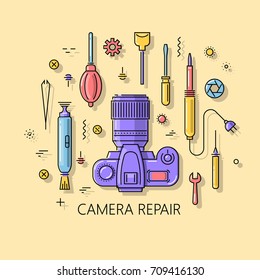 Vector flat line trendy illustration of camera repair. Mirror camera and equipment top view with color shifted fill and shadow. For service center website, advertising.