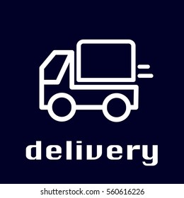 Vector flat line truck icon, delivery car icon, thumb shipping icon. Outline contour minimalism. White image on a dark background.