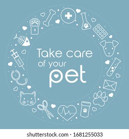 Vector flat line veterinary white icons around text take care of your pet on blue background