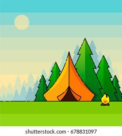 Vector flat line web banner on the theme of camping, climbing, trekking, hiking, walking. Tent against the backdrop of the forest and sunset. Landscape.
