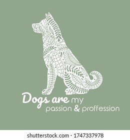 Vector flat line white herbal ornament design shirt print, silhouette of dog with text quote on green background