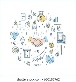 Vector flat linear business, finance, money concept in round composition
