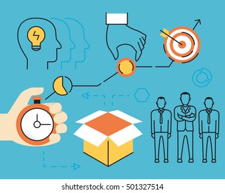 Vector flat linear concept of crowdsourcing process and alternative finance. Infographics of initiation, timeframe, business planning and results - vector illustration