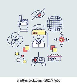 Vector flat linear concept of virtual reality - vector illustration