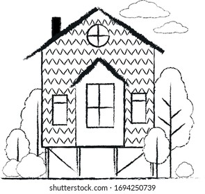 Vector flat linear hand drawn village houses with ornamental design