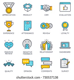 Vector flat linear icons related to  to feedback, review and customer relationship management. Flat pictograms and infographics design elements 