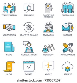 Vector flat linear icons related to business management, strategy, career progress and business process. Flat pictograms and infographics design elements