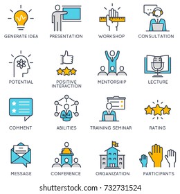 Vector flat linear icons related to to career progress, corporate management, business people training and professional consulting service. Flat pictograms and infographics design elements