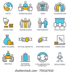 Vector flat linear icons related to business process, team work and human resource management. Flat pictograms and infographics design elements