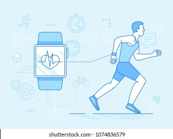 Vector flat linear illustration in blue colors - running man - health app on the mobile phone and smart watch - health monitoring with mobile gadget concept