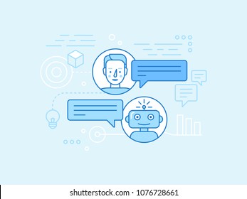 Ilustración lineal vectorial en colores azules - concepto de chatbot - asistente virtual y soporte en línea