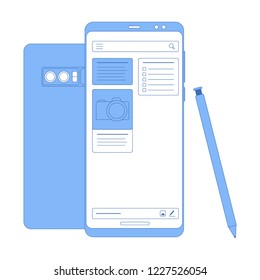 Vector flat linear illustration in blue colors - notes app. Trendy frameless smartphone with pen. Vector illustration in trendy flat style