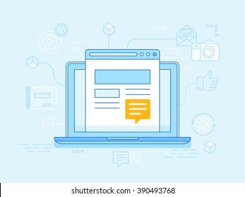 Lineare Vektorgrafik in blauen Farben - Blogging Konzept - Laptop mit Website auf dem Bildschirm mit Meldungszeichen