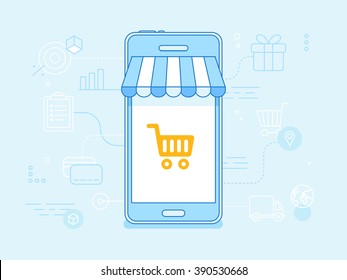 Vector flat linear illustration in blue colors - online shopping concept - mobile phone with striped awnings and shopping cart on the touchscreen