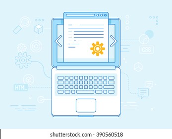 Vector flat linear illustration in blue colors - programming and coding concept - laptop icon top view with website code on the screen