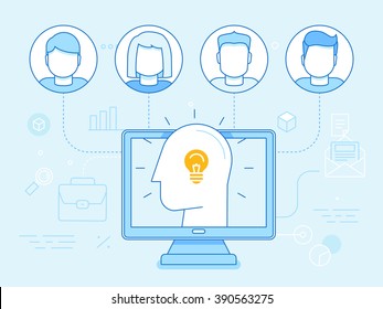 Vector flat linear illustration in blue colors - remote teamwork concept - users and coworkers working online 