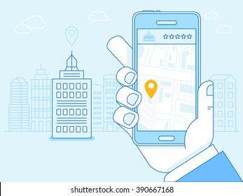 Vector flat linear illustration in blue colors - hotel booking app on the screen of the mobile phone - gps searching point on the city map and city landscape in the background