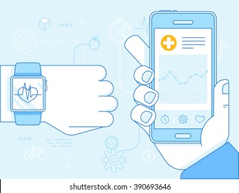 Vector flat linear illustration in blue colors - health app on the mobile phone and smart watch - health monitoring with mobile gadgets concept