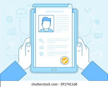 Vector flat linear illustration in blue colors - resume concept on the screen of tablet pc - human resources and applying for vacancy