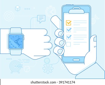 Vector flat linear illustration in blue colors - time management concept - get things done - task list on the screen on the mobile phone and hand with watch