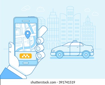 Vector flat linear illustration in blue colors - taxi app on the screen of the mobile phone with street map and location pointer - order card driver online 