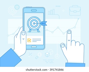 Vector flat linear illustration in blue colors - business growth strategy concept - mobile phone with? target on the screen and financial report 