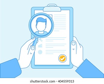 Vector flat linear illustration in blue colors - resume concept - human resources and applying for vacancy