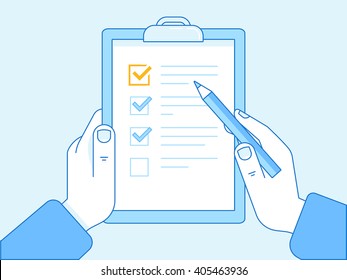 Vector flat linear illustration in blue colors - time management concept - get things done - task list on the paper and hand with pencil