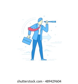 Vector flat linear illustration in blue shades: young businessman in a suit holding briefcase looks through spyglass to the business perspective. Isolated over white background