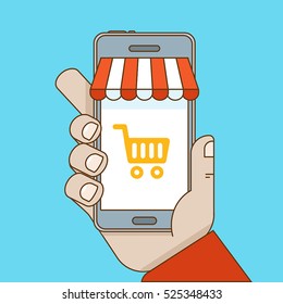 Vector flat linear illustration in blue colors - online shopping and mobile e-commerce concept - mobile phone with striped awnings and shopping cart on the touchscreen
