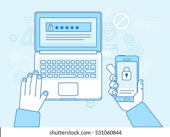 Vector flat linear illustration in blue colors and trendy flat linear style - multi factor authentication, online access control - mobile phone with password and authorization code to secure user data