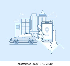 Vector flat linear illustration in blue colors, taxi app concept.