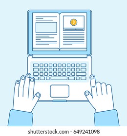 Vector flat linear illustration in blue colors - learning online concept - open book on the screen of the laptop - online course with video tutorial and text and article