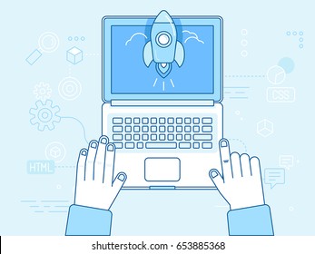 Vector flat linear illustration in blue colors - programming and coding concept - startup infographics - laptop icon top view with hands and starting space ship