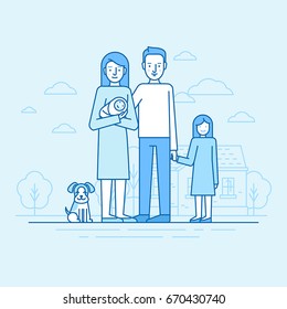 Vector flat linear illustration in blue colors - happy young family -  woman holding newborn with her husband, daughter and dog standing in front of house 