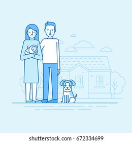 Vector flat linear illustration in blue colors - happy young family -  woman holding newborn with her husband and dog standing in front of house 