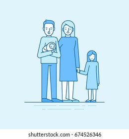 Vector flat linear illustration in blue colors - happy young family -  man holding newborn with his wife daughter - parenting concept