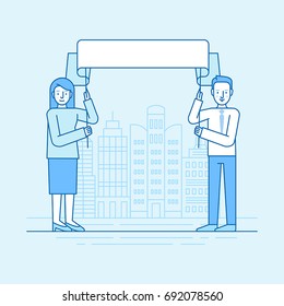 Vector flat linear illustration in blue colors - man and woman holding placard with copy space for text - greeting and advertising concept