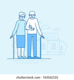 Vector flat linear illustration in blue colors - happy grandparents - senior woman and man standing in front of the house - retirement concept