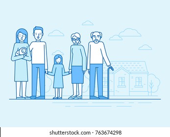 Vector flat linear illustration in blue colors - happy family with grandparents and children standing in front of the house 