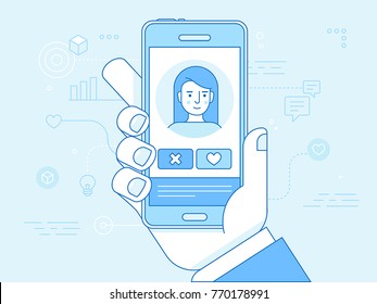 Vector flat linear illustration in blue colors  - online dating app concept - mobile phone with application on the screen - man and woman searching for love and relationship