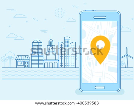 Vector flat linear illustration in blue colors - screen of the mobile phone - gps searching point on the city map and city landscape in the background